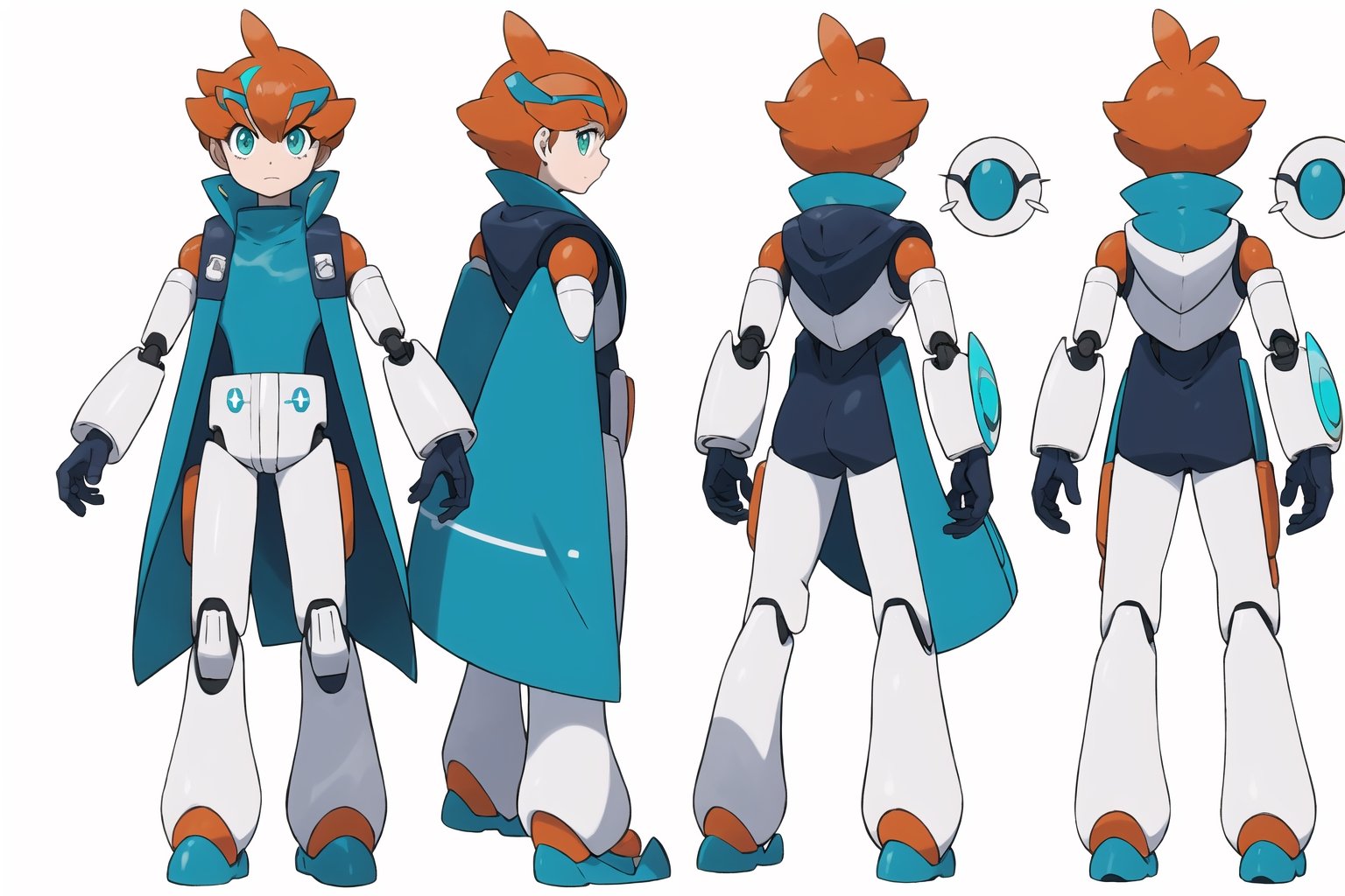 multiple views, model sheet, masterpiece, best quality, facing viewer, sugimori ken \(style\), {big milkers} (full body), 1 child, robot boy {{{white doctor's coat, }}} , robot boy, megaman {white background} green eyes, led screen eyes, short orange hair, turquoise body, mechanical joints, big white robot feet, robotic hands