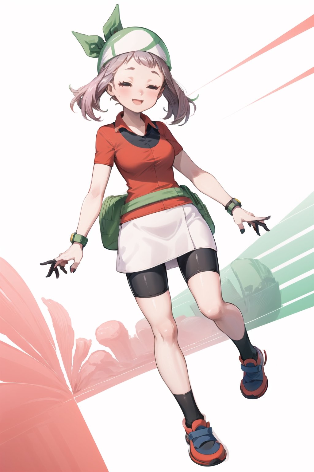 ((masterpiece, best quality, extremely detailed, )), masterpiece, best quality, looking at viewer, murata yuusuke Style\(style\), {big milkers} (full body), masterpiece, best quality, highres, 1girl, may (pokemon), red shirt, short sleeves, smile, red bandana, yellow fanny pack, white skirt, bike shorts under skirt.  torchic, chicken pokemon,aiue oka,Pink hair,Two braids,Closed eyes