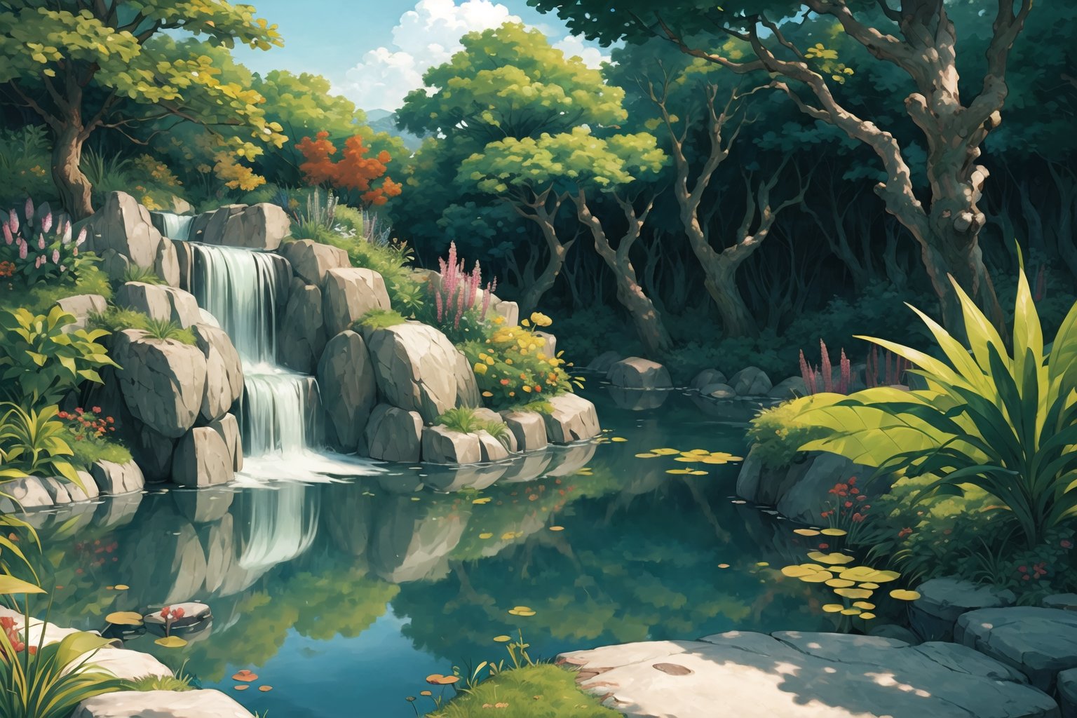 ((masterpiece, best quality, extremely detailed, )), anime, Lush Forest Pond, Background {best quality}, {{hi res}}, ,FFIXBG