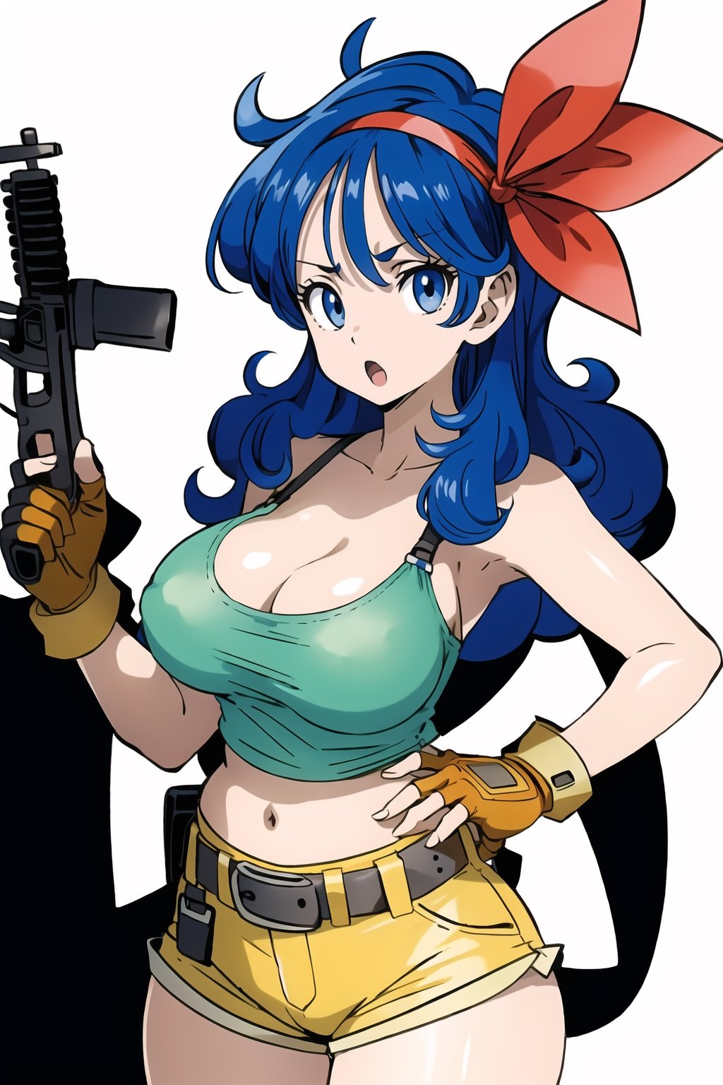 ((masterpiece, best quality, extremely detailed, )) {big milkers} (full body),  1girl, solo, breasts, lunchdb-good, blue hair, curly hair, breasts, big breasts, cleavage, blue eyes, red headband, shorts, yellow tank top, shy eyes, scared 0.5, shy face, open mouth, cleavage, long hair, looking at viewer, gloves, navel, fingerless gloves, blue eyes, abdomen, green crop top, headband, yellow shorts, belt, bare shoulders, collarbone, camisole, ribbon, shirt, red headband, stomach, red ribbon , holding an AK44, machine gun{{illustration}} {best quality}, {{hi res}}, {White background}