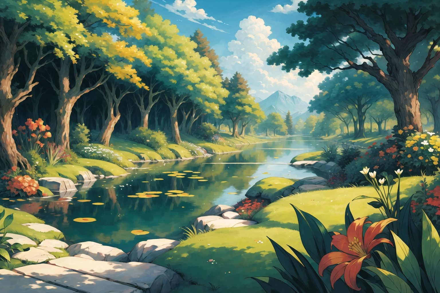 ((masterpiece, best quality, extremely detailed, )), anime, Lush Forest Pond, Free Background {best quality}, {{hi res}}, ,FFIXBG