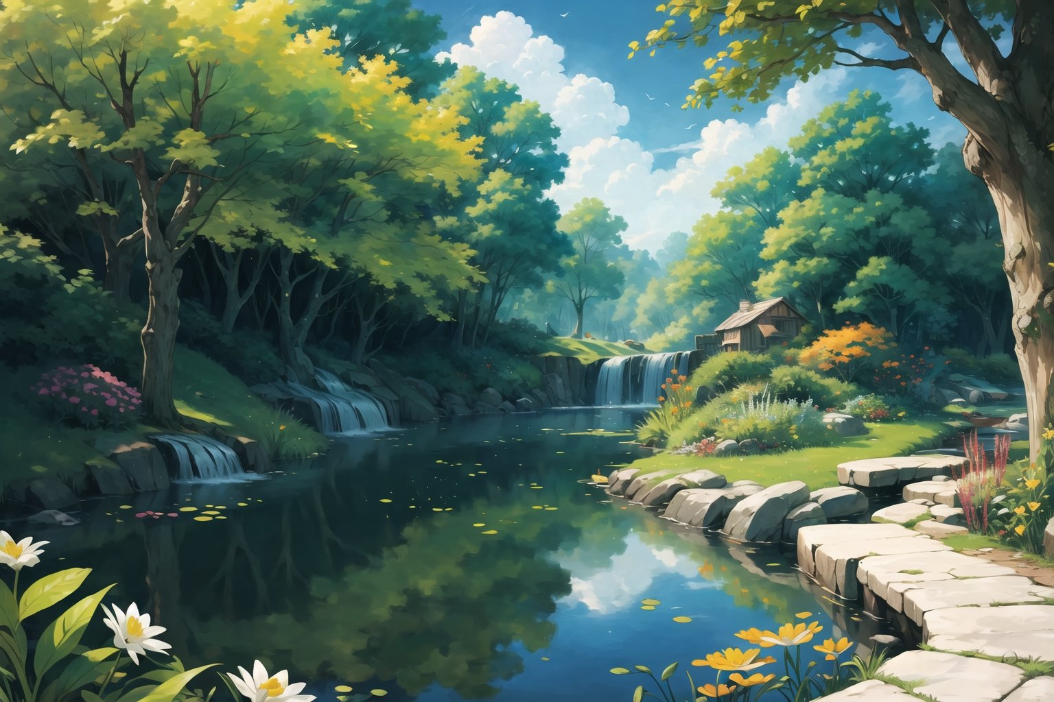 ((masterpiece, best quality, extremely detailed, )), anime, Lush Forest Pond, Free Background {best quality}, {{hi res}}, ,FFIXBG