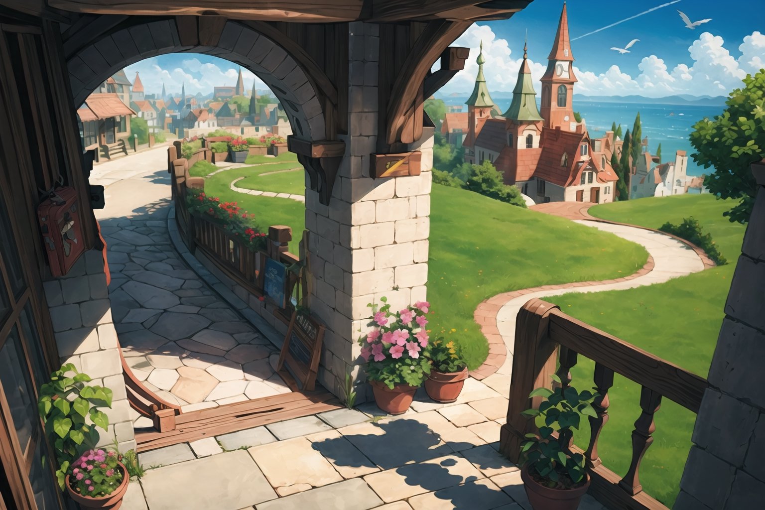 ((masterpiece, best quality, extremely detailed, )), anime, highly detailed, 8k, top quality, fantasy, hyperrealistic, best illustration, dynamic view, cinematic, ultra-detailed, full background, FFIXBG, full background, tree, arch, no humans, pavement, flower, bird, potted plant, bridge, road, building, chimney, stairs, fantasy, scenery, grass, from above, city, outdoors, window, plant, railing, beautiful,  {best quality}, {{hi res}}, ,FFIXBG