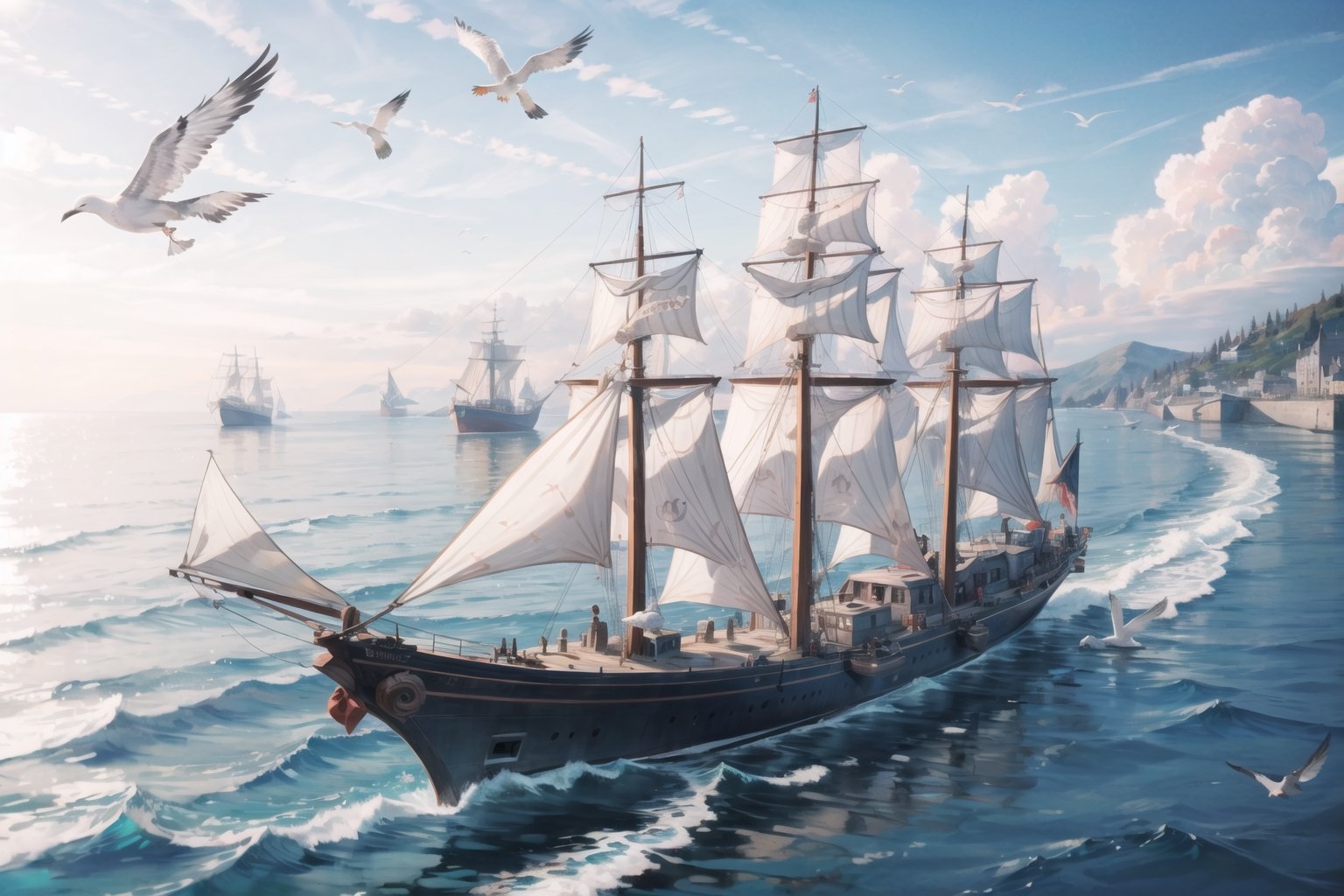 ((masterpiece, best quality, extremely detailed, )), anime,medieval coastal town, pier, sailing ships, caravels, sea coast, seagulls  {best quality}, {{hi res}}, ,FFIXBG