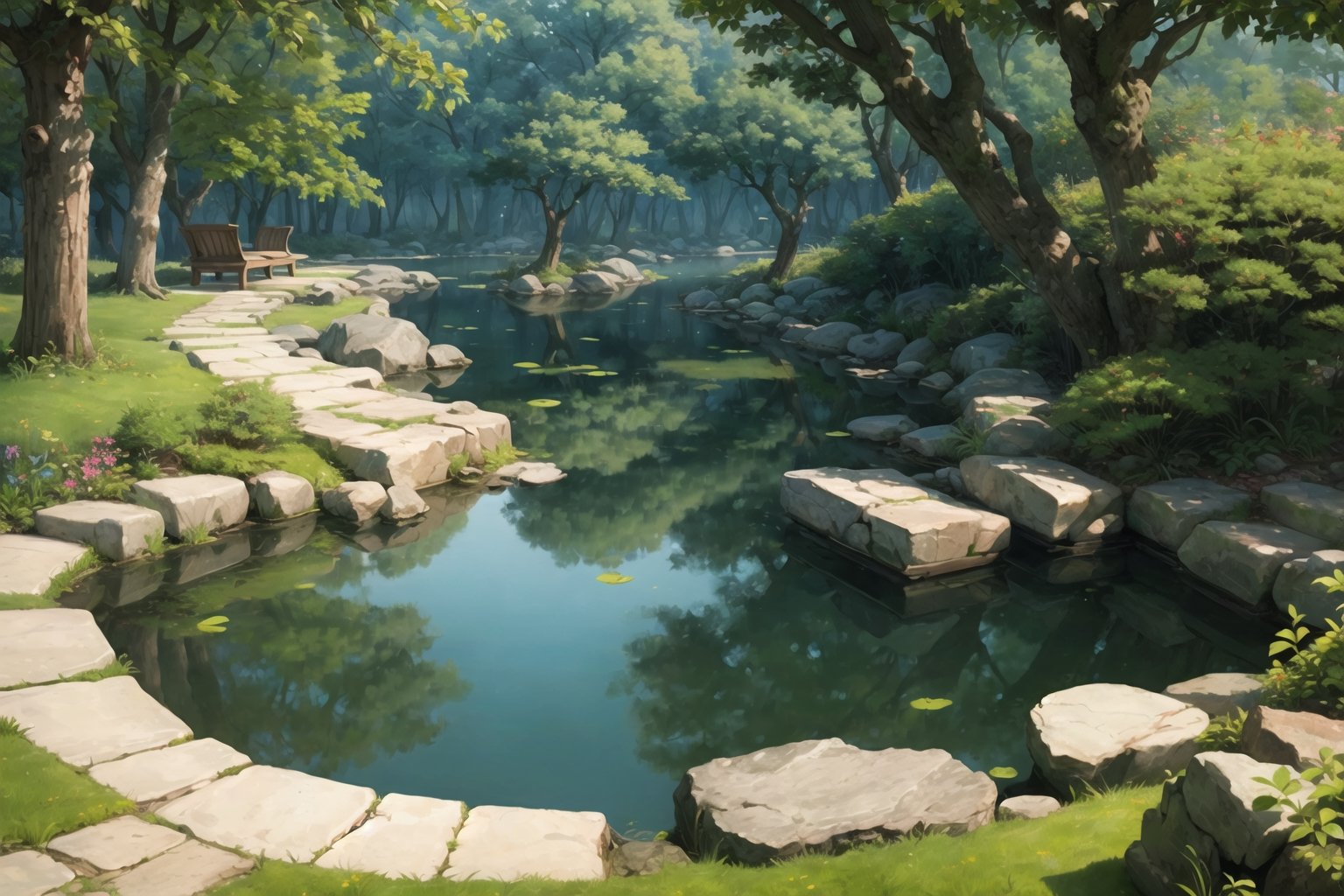 ((masterpiece, best quality, extremely detailed, )), anime, Lush Forest Pond, Free Background {best quality}, {{hi res}}, ,FFIXBG