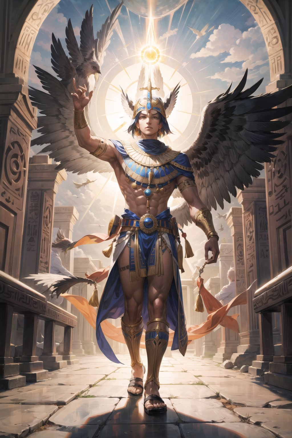 masterpiece, best quality, man, ra, divine aura, egyptian god ((hawk head)), solar disk, temple,Circle