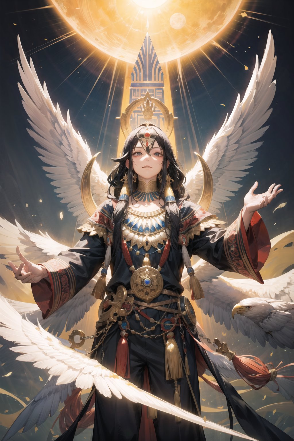 masterpiece, best quality, man, ra, divine aura, egyptian god ((hawk head)), solar disk, temple,Circle,fantasy