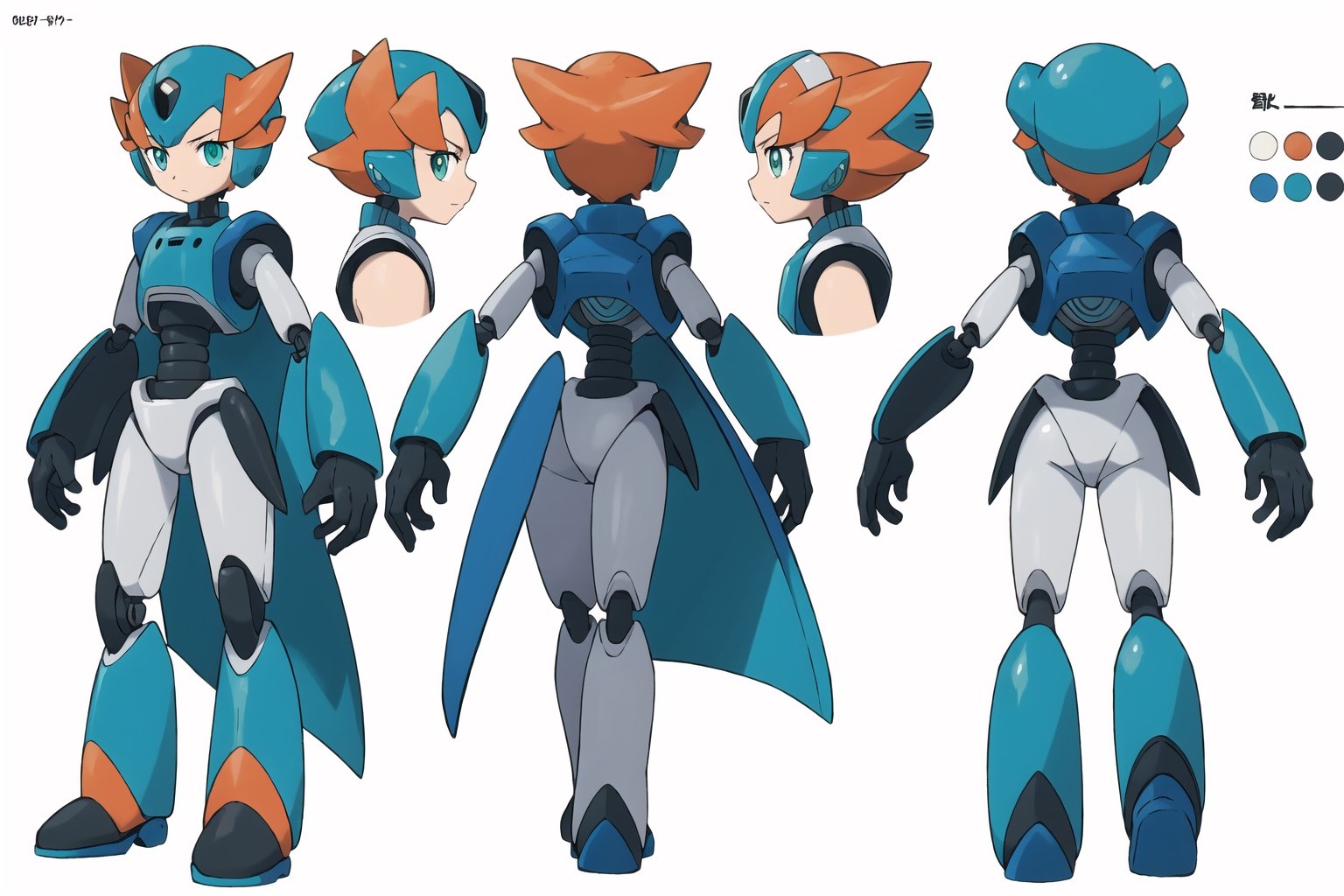 multiple views, model sheet, masterpiece, best quality, facing viewer, sugimori ken \(style\), {big milkers} (full body), 1 child, robot boy {{{white doctor's coat, }}} , robot boy, megaman {white background} green eyes, led screen eyes, short orange hair, turquoise body, mechanical joints, big white robot feet, robotic hands