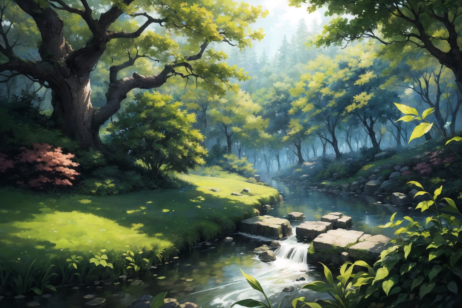 ((masterpiece, best quality, extremely detailed, )), anime, forest, bushes, plant, green leaves, foliage, spring  {best quality}, {{hi res}}, ,FFIXBG