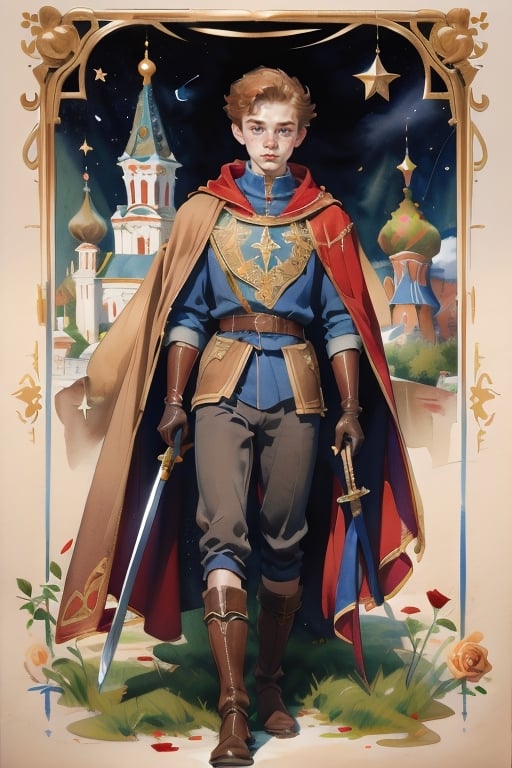 17yo . (dark-wine Russian:Tabard, sword, cape, coat, leggings, high boots, leather gloves, royal insignia, embroidery, gold ornaments), 1734 medieval Russian boy. on field of roses. intricate details, sorrounded by stars, Dandi, Drawing, Thick Outline, Ginger hair. Freckles. Pale skin. Concave nose