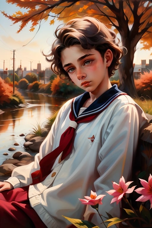 On the outskirts of the city. In a field of flowers. A river runs through it. 

(close up:1.2), (Anna Dittmann:1.2), 15yo boy. Sitting under a laurel tree. Watching the autumnal sunset. He wears a black and red sailor suit., Reddish-blonde short curly hair. Hazel eyes. Pinkest skin. Concave nose. Reddish Freckles.