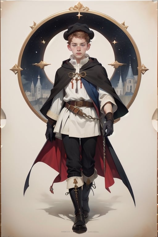 Monochrome. 19yo French medieval  boy. tunic, cloak, leggings, boots, hat, belt, cloak, doublet, shirt, hood, gloves, sleeves, skirts, chainmail, Watercolor, Acquerello, art, Short Brown Hair. painting in shades of gray, pink, purple, pastel, and orange. Celestial and divine grace ,Freckles, Aged paper, Ornate edges, English Serif-script typography, Ornate edges, Npzw