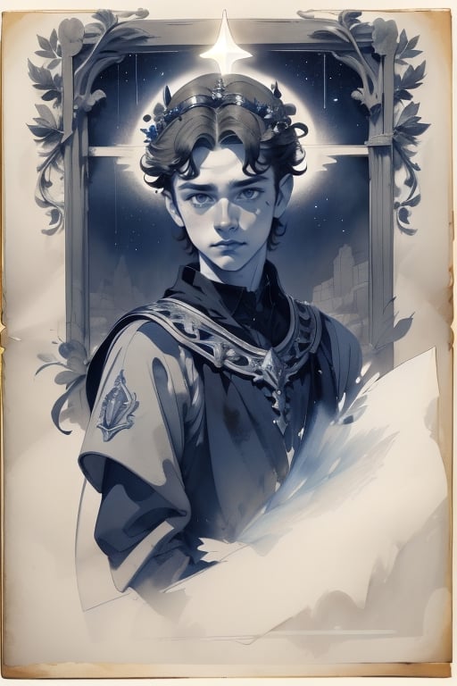 Monochrome, npzw text, Aged paper, Ornate edges, Rome. Caesare. Olive crown. Halo of stars above his head. Caesar costume. Red-dark clothes. Cyanotype, blue tones 