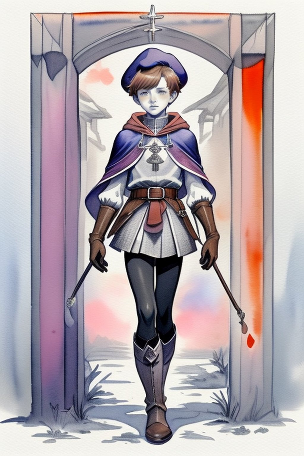 Monochrome. 19yo French medieval  boy. tunic, cloak, leggings, boots, hat, belt, cloak, doublet, shirt, hood, gloves, sleeves, skirts, chainmail, Watercolor, Acquerello, art, Short Brown Hair. painting in shades of gray, pink, purple, pastel, and orange. Celestial and divine grace 