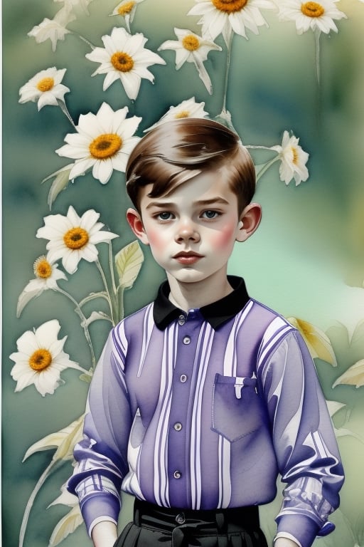 Exquisite illustration of a boy wearing flowers. A river. The moon. Sky canvas of shades of lavender and amethyst. 18yo 1920s boy. Wearing a dark red striped shirt. Black shorts. Knee-high socks in black wine details. Watercolor, Acquerello, art 