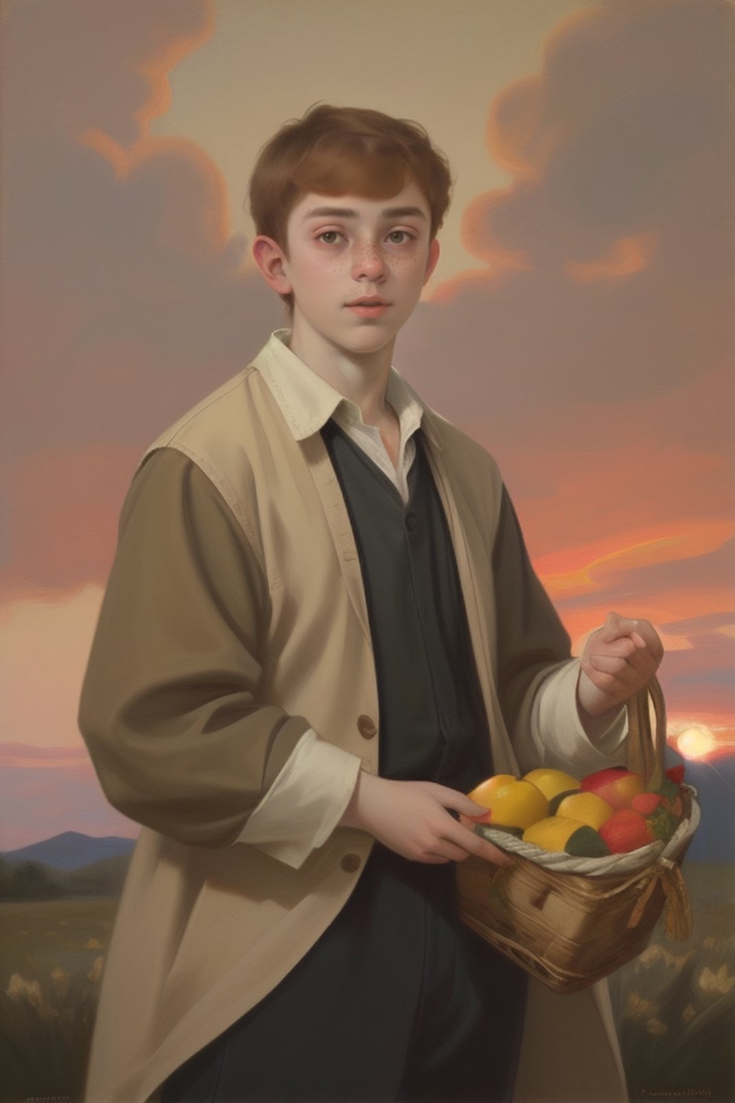 19yo guy portrait. Standing. Dinner. Fruit basket. Sunset. Spring, Baroque, Dark, Light, art, Freckles, Hazel eyes 