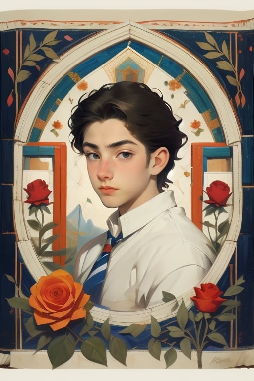 17yo teenguy. Upper body portrait. Roses. Garden. window (Turkish Art: Byzantine Mosaics, Fresco Art, Turkish Carpets, Calligraphy Art,  Cappadocia Cave Paintings.) school uniform, white dress shirt, striped tie, full-body_grey school shorts, grey long socks, black dress shoes, short black hair, white skin, anime coloring,