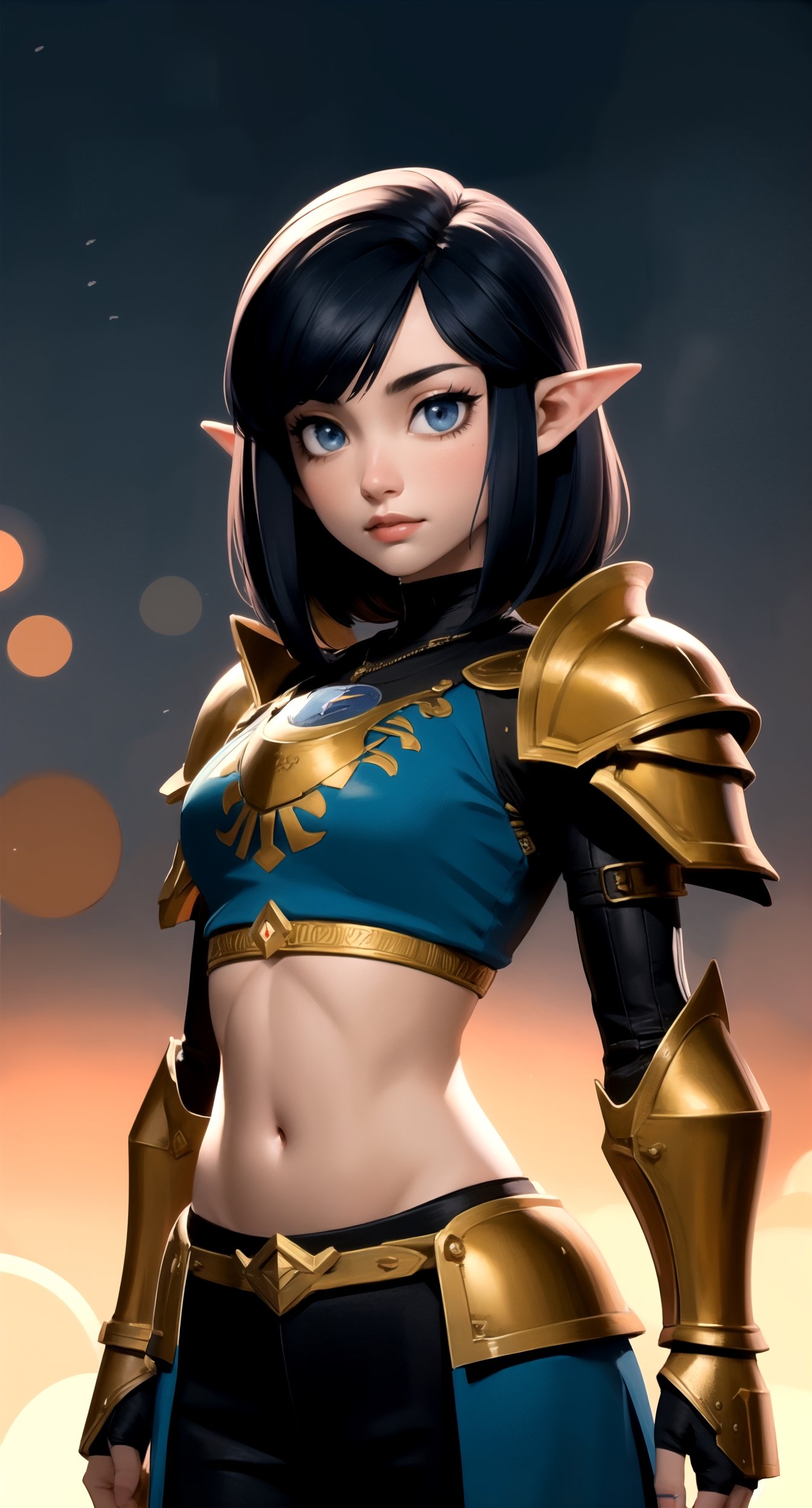 (detailed face:1.2), (looking at viewer:1.2), centered, (upper body), photography of a 22yo woman, masterpiece, | (beautiful detailed eyes:1.2), black hair color, dark armored top, metal pauldrons, navel, midriff, wide hips, lowleg armored pants, | sunset, bokeh, depth of field, | fantasy world, medieval, fantasy town, | n64style, ocarinaoftime, majorasmask,