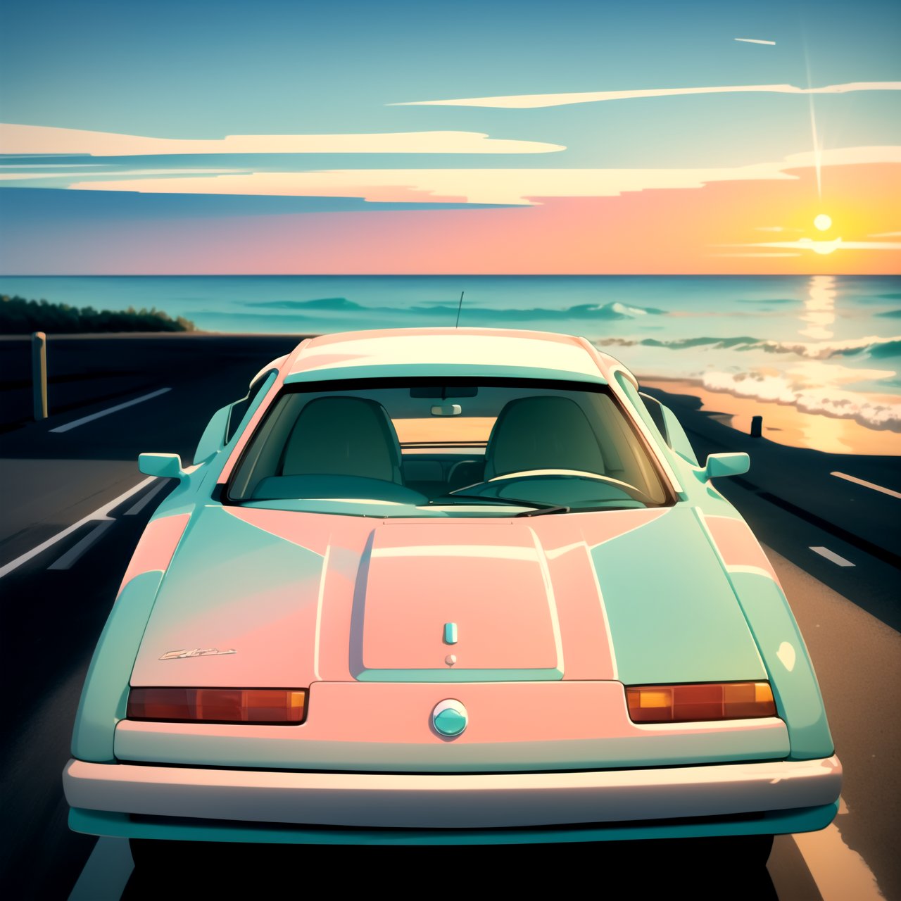 centered, digital art, | aqua color car, road, street, beach, sea, | sunset, cinematic shot, vaporwave colors, sunset, | bokeh, depth of field, |