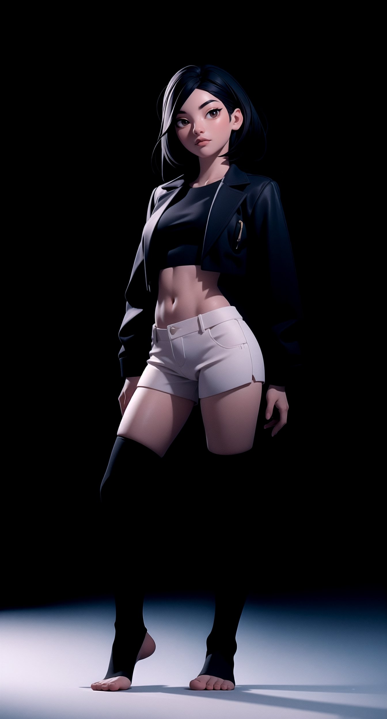 centered, full body, | yihyun, 1girl, dark brown eyes, detailed eyes, detailed iris, detailed face, black hair color, beautiful hair, (looking at viewer:1.2), wearing white open jacket, black crop top, midriff, navel, lowleg open shorts, open shorts, open clothes, barelegs, toeless socks, feet, detailed fingernails, (photorealistic:1.2), hyperealistic shadows, | simple background, bokeh, depth of field, | 3DMM