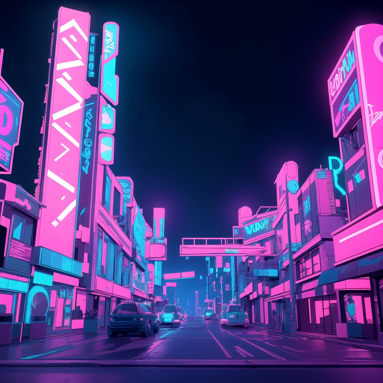 centered, 3d, 3d model, render, unreal engine, futuristic neon city, neon lights, city lights, (vaporwave color scheme:1.2), pink and blue lights, sunset, symetrical buildings, realistic scenery, hyperealistic shadows, | depht of field, hdr, | 3DMM