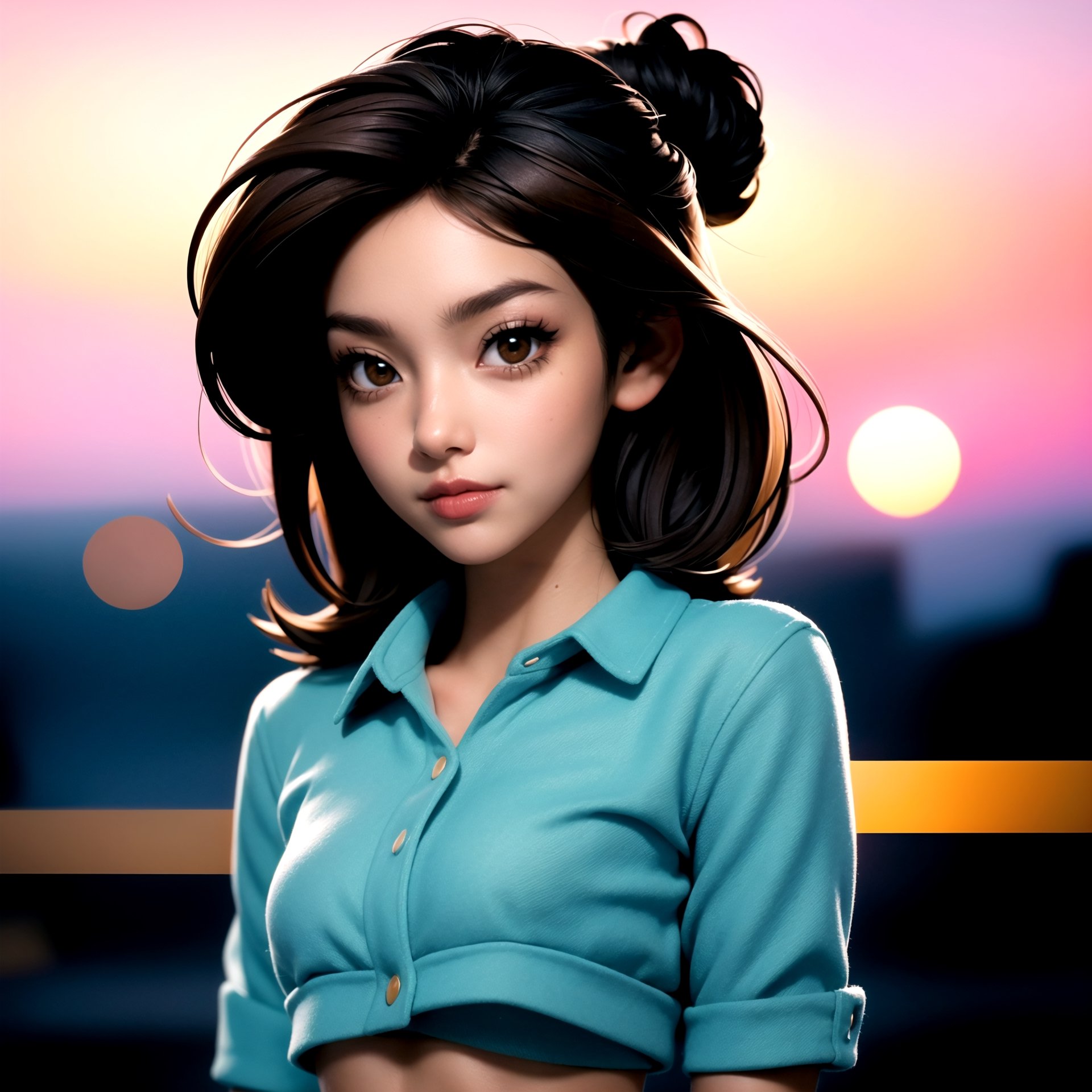 (hyperealistic detailed face:1.2), (looking at viewer:1.2), centered, upper body, award winning frontal photography, masterpiece, | dark skin tone, dark skin, (beautiful detailed eyes:1.2), messy girly bun hairstyle, (black hair color), (light brown eyes), (red top), midriff peak, navel, lowleg jeans, | sunset, bokeh, depth of field, | urban, street, City, | starry sky, vaporwave color scheme, (saturated colors:1.2), ,3DMM