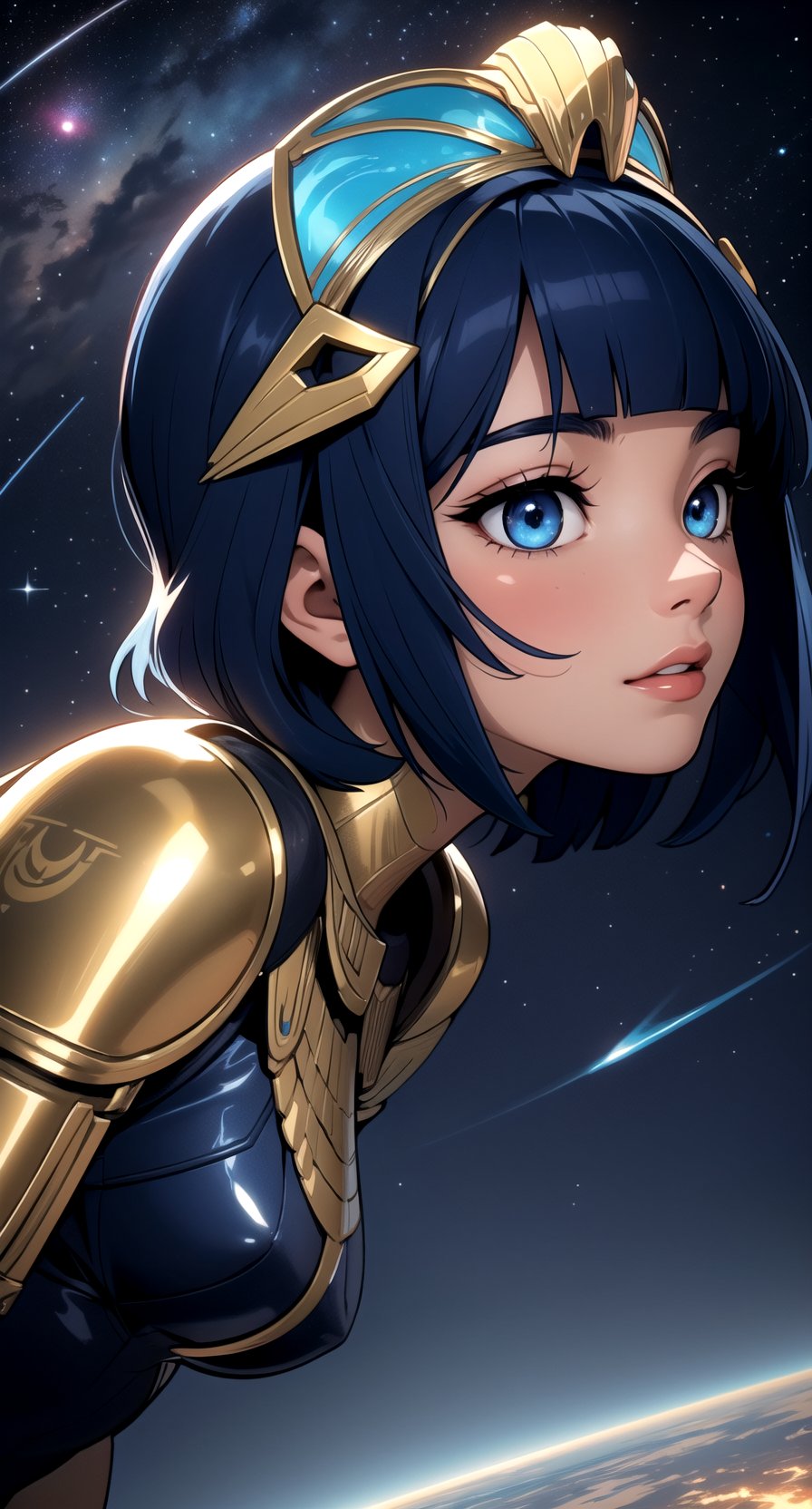 centered angle, upper body, | symetrical eyes, luminous eyes, detailed face, | 1girl, short hairstyle, (dark blue hair color:1.2), (bright eyes:1.1), | symetrical crown, egyptian, egyptian clothes, egypt godess, | egypt, piramid, ancient metropolis, aliens technology, aliens, ovnis, | stars, planets, sky, universe, | hyperealistic shadows, smooth detailed,