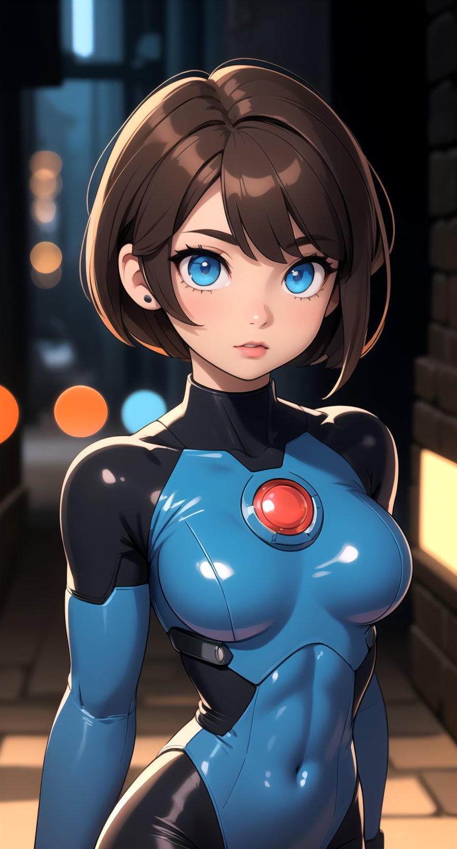 centered, digital art, upper body, (beautiful detailed eyes:1.2), 
| solo, woman, wearing the blue cybernetic armor with black parts of Megaman-X, 
 tight bodysuit, brown hair, short hair, bangs, blue eyes, muscular proportions, | in a dungeon made all of metal, | bokeh , depth of field, | Megaman-X,