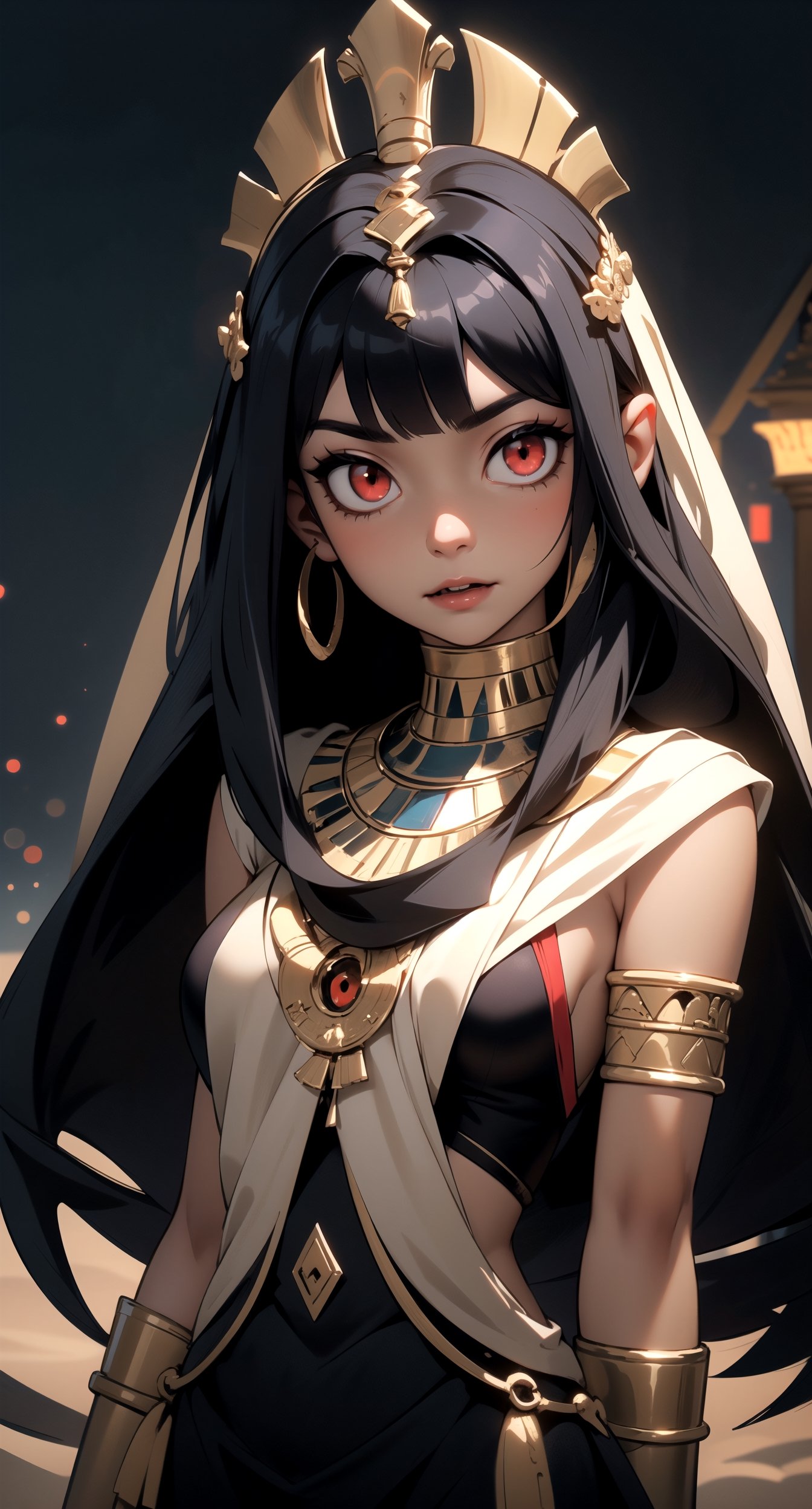 centered, upper body, standing, | masterpiece, | (red eyes), (bright eyes:1.1), glowing red eyes, | 1girl, female vampire, (solo), very long hairstyle, (black hair color:1.2), | egyptian, egyptian clothes ,egypt goddes ,egypt, seethru, egypt background, sandstorm, | bokeh, depth of field, 