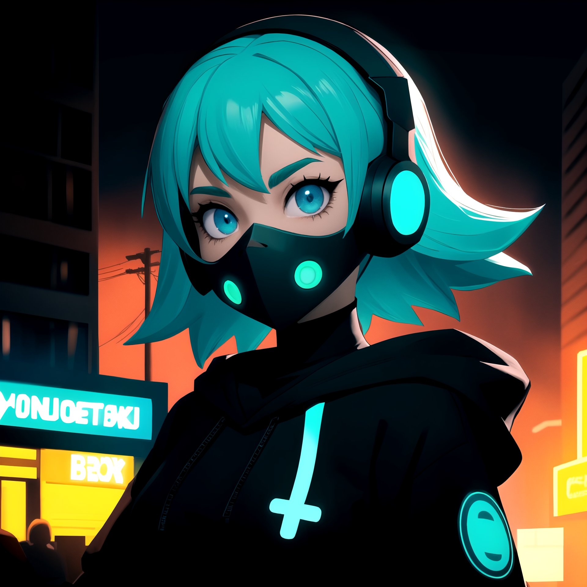 (frontal view, facing viewer:1.2), centered, masterpiece, face portrait, | 1girl, solo, aqua hair color, short hairstyle, light blue eyes, | (neon wireless headphones headset:1.2), (black neon futuristic mouth mask:1.2), dark blue hoodie, | futuristic city lights, sunset, buildings, urban scenery, neon lights | bokeh, depth of field, | n64style, ocarinaoftime,