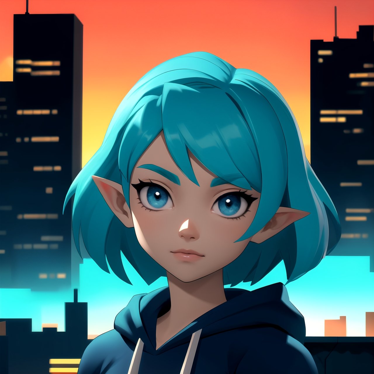 (frontal view, facing viewer:1.2), centered, masterpiece, face portrait, | 1girl, solo, aqua hair color, short hairstyle, light blue eyes, | dark blue hoodie, | futuristic city lights, sunset, buildings, urban scenery, neon lights | bokeh, depth of field, | n64style, ocarinaoftime,