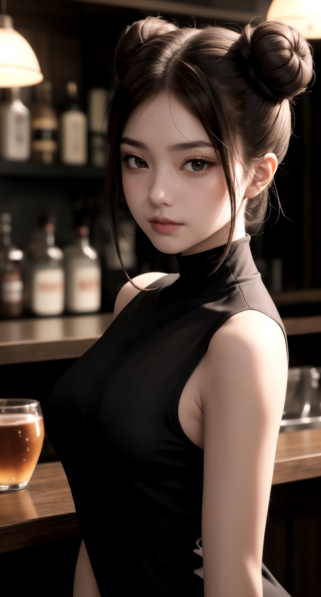 frontal view, facing the viewer, (looking at viewer:1.2), centered, upper body, photography of a 22yo woman, masterpiece, | (beautiful detailed eyes:1.2), (double bun hairstyle), dark brown hair color, (dark brown eyes), (short tight dress), | sunset, bokeh, depth of field, | bar, indoors, tavern, | SF5 CHUN, SF6 CHUN,