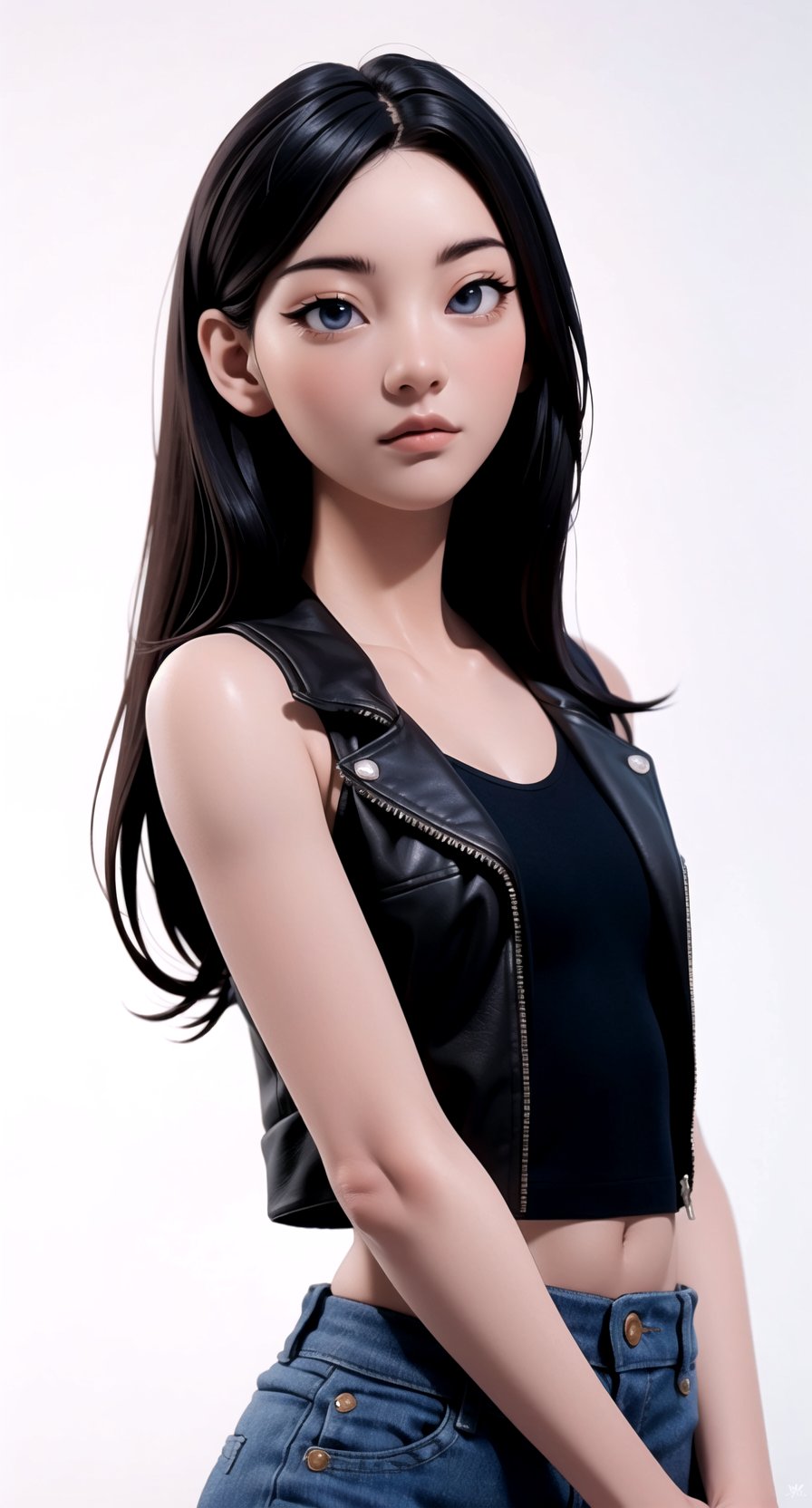 yihyun, 1girl, detailed eyes, detailed iris, detailed face, (upper body:1.2), upper body, beautiful hair, (looking at the viewer:1.2), beautiful face, beautiful expression, | leather black jacket, open jacket, white tank top, jeans, (small breasts:1.1), (photorealistic:1.3), high quality, highres, | 3DMM,