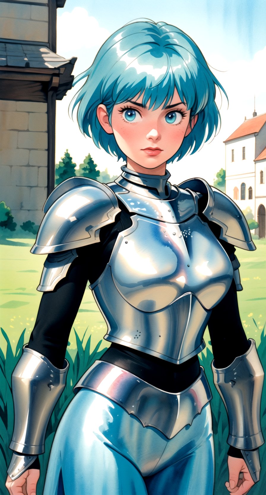 centered, upper body, award winning upper body portrait, (detailed face), (beautiful detailed eyes:1.2), (glowinig eyes:1.2), (aura:1.1), | solo, knight woman, short hair, aqua hair color, light blue eyes, (black knight tight armor), | symetrical and detailed armor, | fantasy town, medieval, european street, | bokeh, depht of field, | hyperealistic shadows, smooth detailed, blurred background, | 1980s \(style\), painting \(medium\), retro artstyle, watercolor \(medium\), takada akemi,