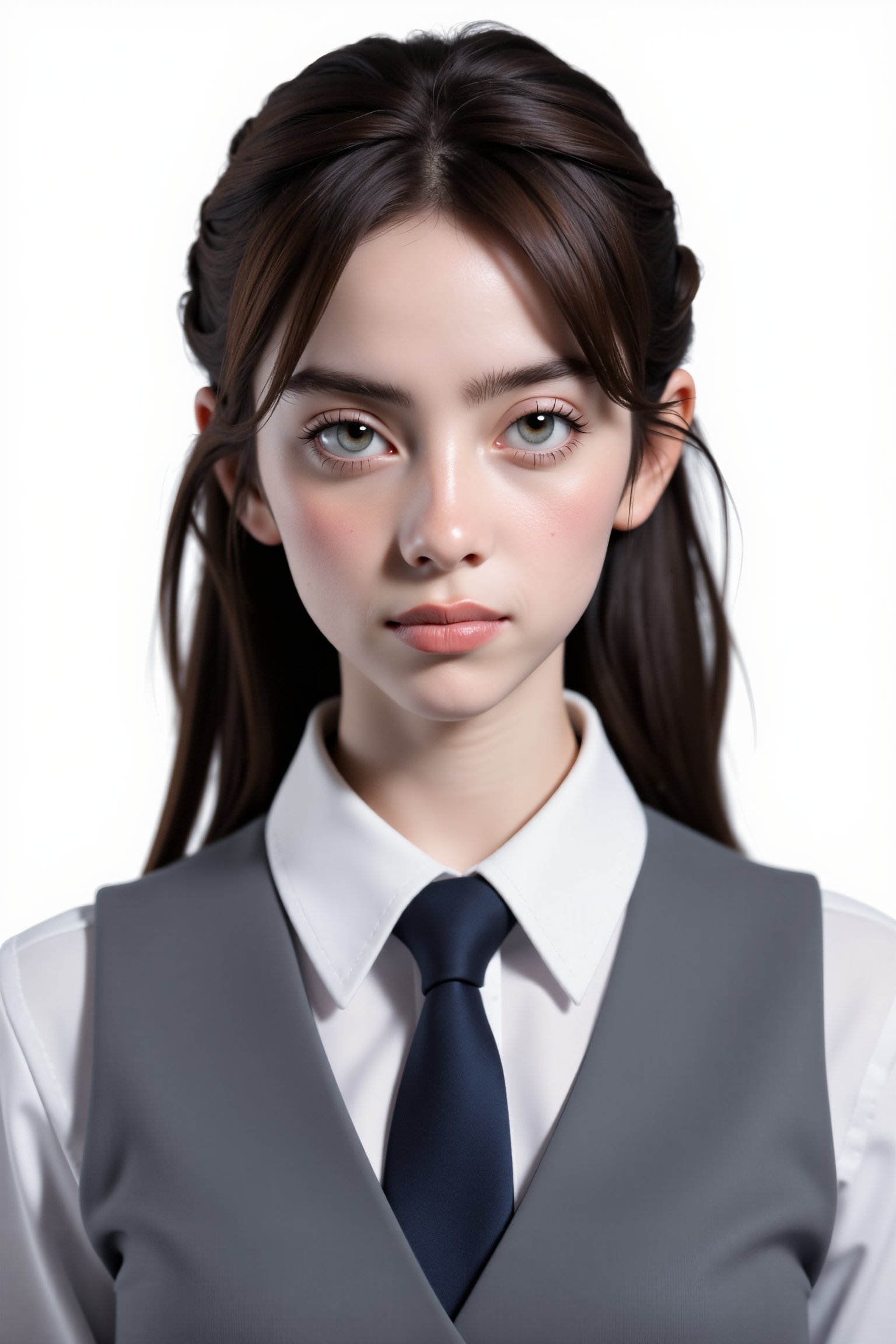 digital render face portrait studio photo of a woman looking at viewer, standing, face id photo, formal school uniform, necktie, white color background, simple background, | ,astroflux_v101, Billie Eilish