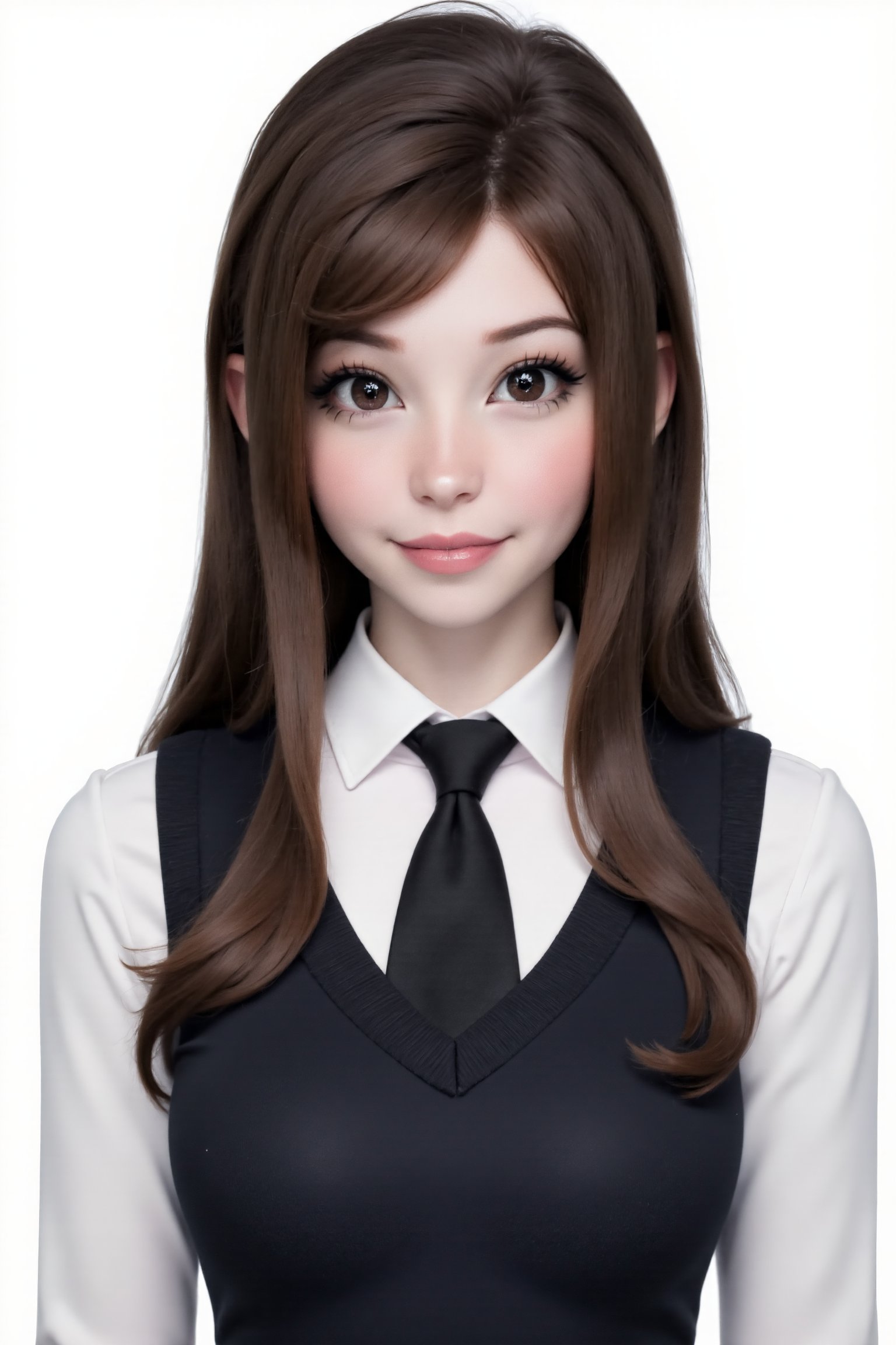 digital render face portrait studio photo of a woman looking at viewer, standing, face id photo, pink hair color, dark brown big eyes, looking at viewer, formal school uniform, necktie, white color background, simple background, | ,astroflux_v101, belle delphine,