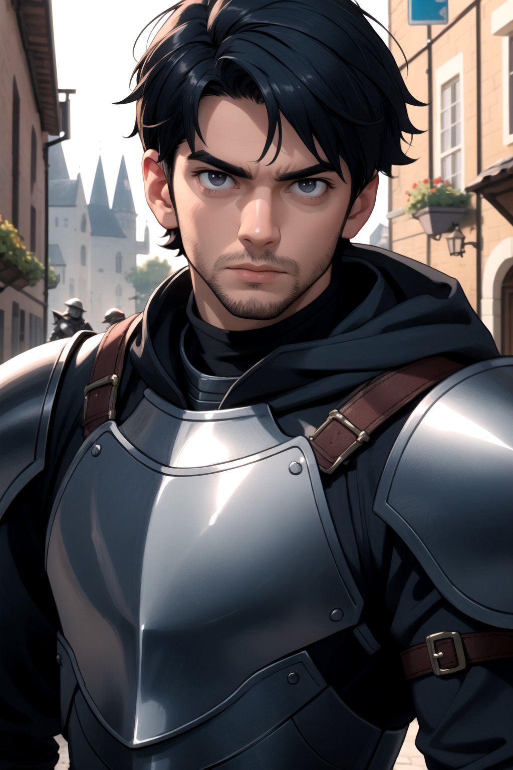 centered, upper body, award winning upper body portrait, (detailed face), (detailed eyes:1.2), serious, (looking at viewer), | solo, knight, (adult man:1.2), 1boy, man, buzzcut, dark brown eyes, dark blue hair color, (black knight tight armor), symetrical and detailed armor, | fantasy town, medieval, european street, | bokeh, depht of field, | hyperealistic shadows, smooth detailed, blurred background,