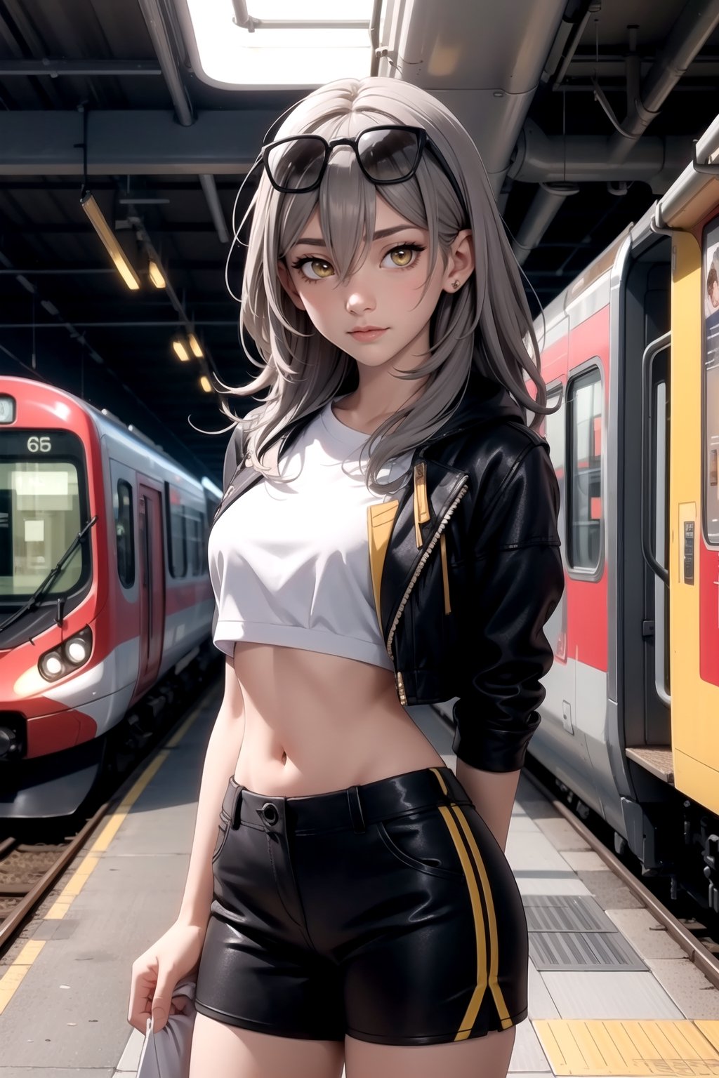 centered, upper body, cowboy shot, standing, arms behind back, (looking at viewer:1.2), | stelle hsr, | 1girl, solo, yellow eyes, long hair, grey hair, hair between eyes, black eyewear on head, | black open jacket, crop top, navel, midriff peak, black shorts, | train station, subway scenery, train, metroline, | bokeh, depth of field, ,stelle hsr