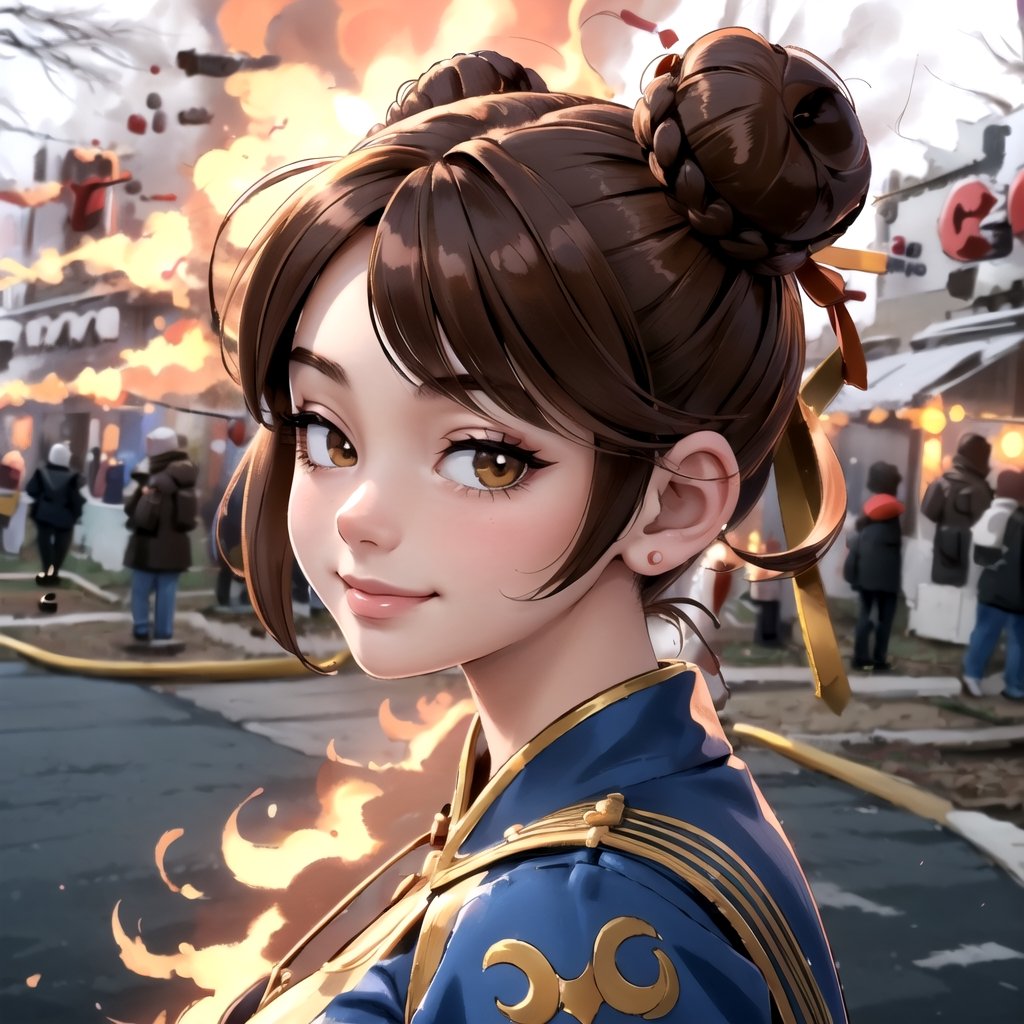 highly detailed, high quality, masterpiece, beautiful, 1girl, IncrsDisasterGirlMeme:, fire, smile, outdoors, | ,SF2 CHUN | brown hair, twin bun hairstyle,SF2 CHUN 