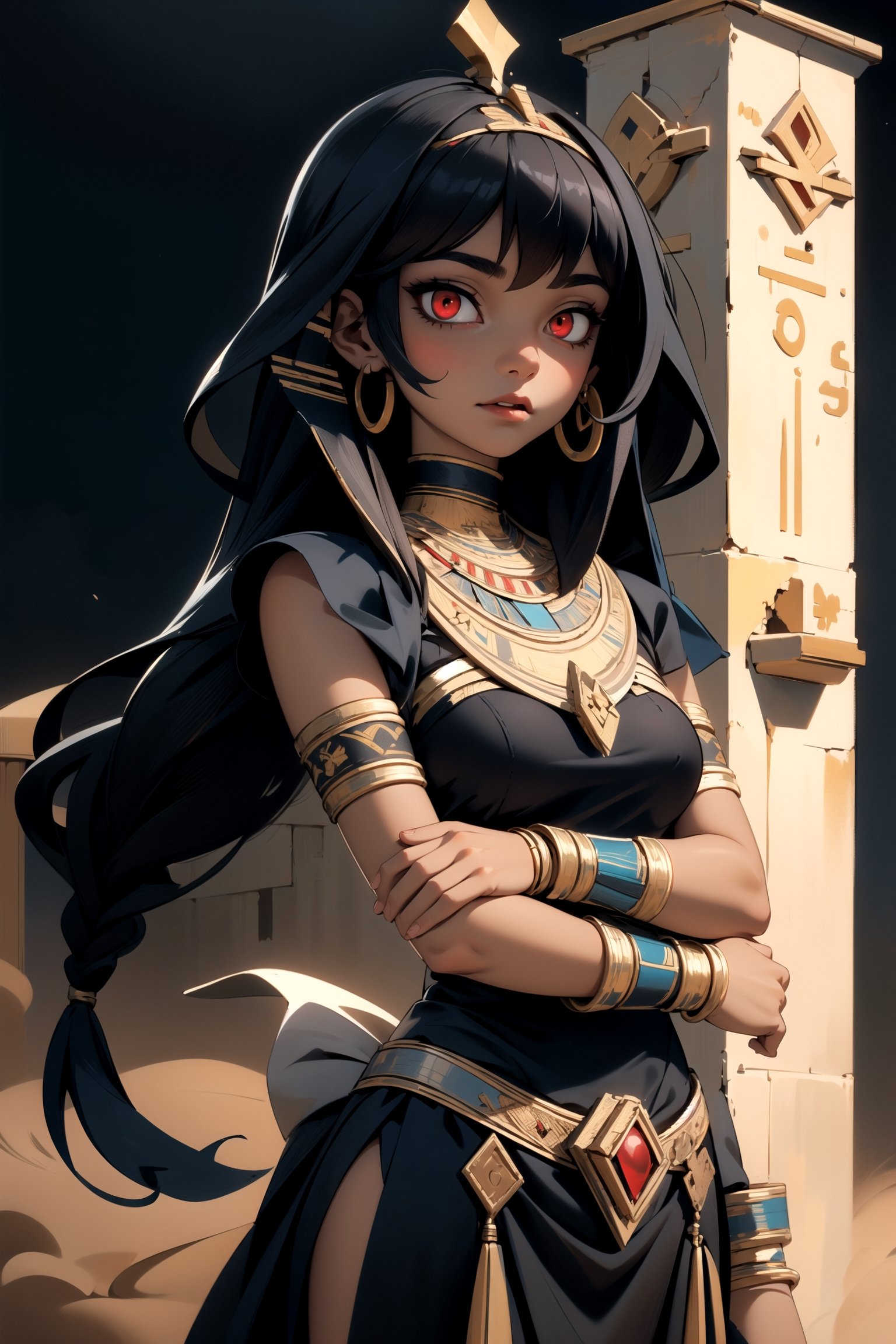 centered, upper body, standing, | masterpiece, | (red eyes), (bright eyes:1.1), glowing red eyes, | 1girl, female vampire, (solo), very long hairstyle, (black hair color:1.2), | egyptian, egyptian clothes ,egypt goddes ,egypt, seethru, egypt background, sandstorm, | bokeh, depth of field, 