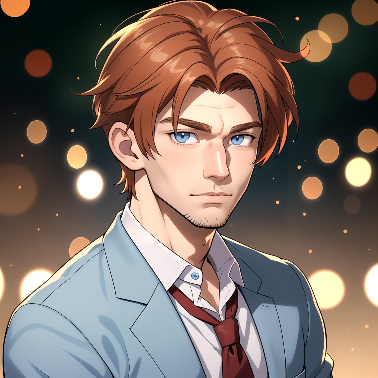 (looking at viewer), young adult man, (light blue eyes), (long manly hairstyle), (chesnut hair color), | centered, award winning face portrait, solo, man, | character concept, digital art, masterpiece, | bokeh, depth of field, |   