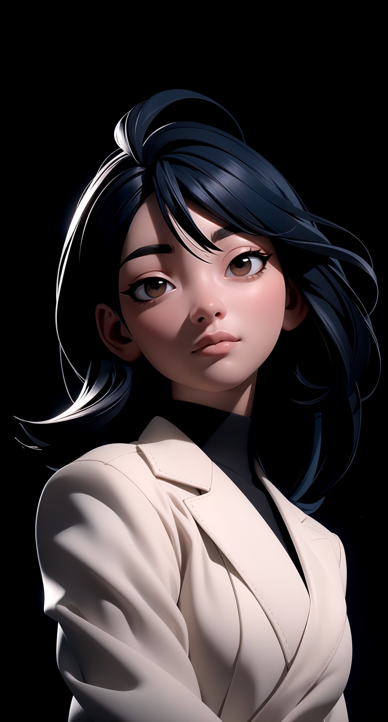 centered, upper body, | yihyun, 1girl, dark brown eyes, detailed eyes, detailed iris, detailed face, black hair color, beautiful hair, (looking at viewer:1.2), wearing white open jacket, black crop top, midriff, (photorealistic:1.2), hyperealistic shadows, | simple background, bokeh, depth of field, | 3DMM