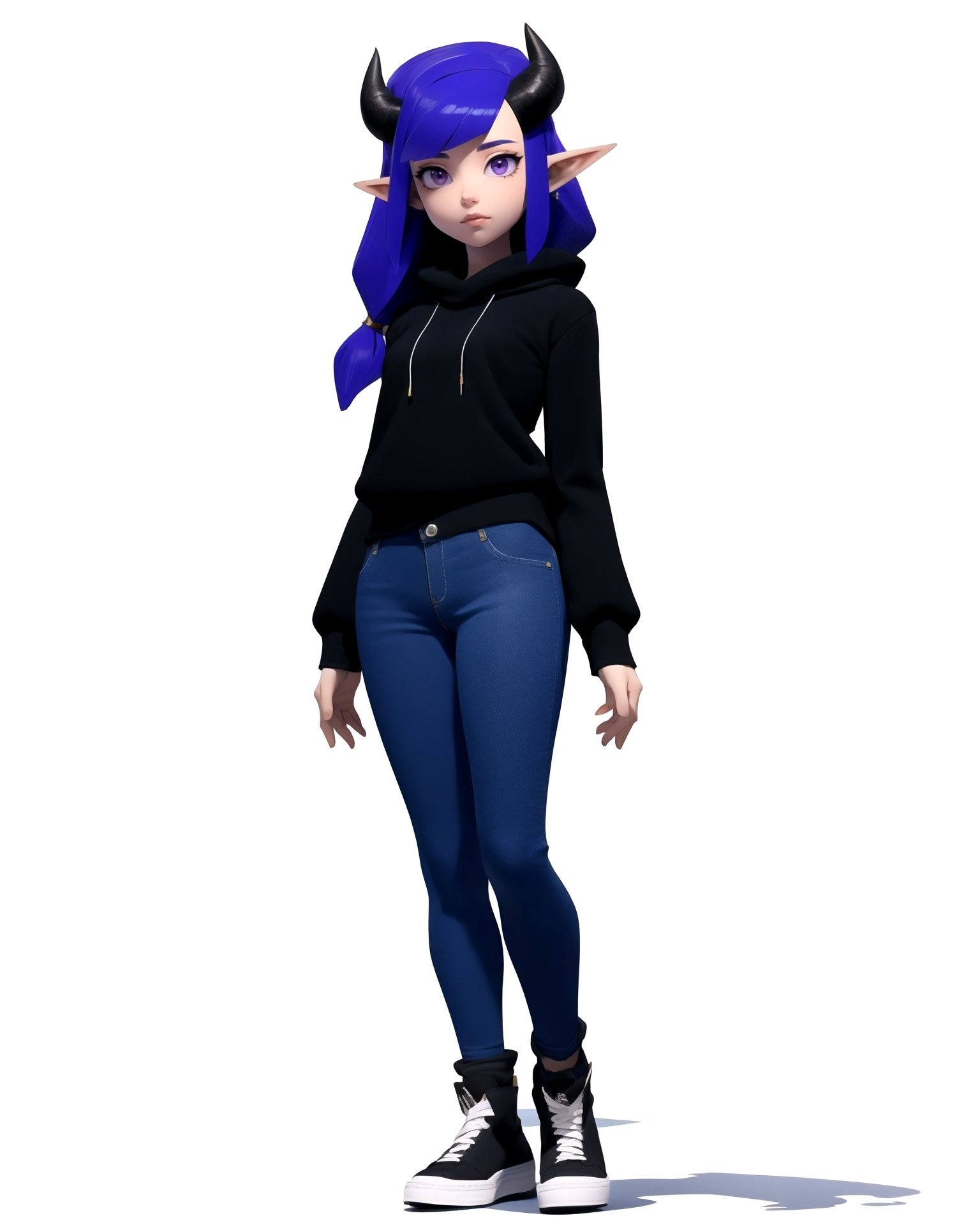 centered, upper body, masterpiece, 3d, unreal engine, 3d model, standing, | 1girl, black long hoodie, barelegs, converse shoes, black hair color, long hairstyle, white horns in her head, | (white blue background, simple background:1.2), | n64style, ocarinaoftime, majorasmask, | ,3DMM