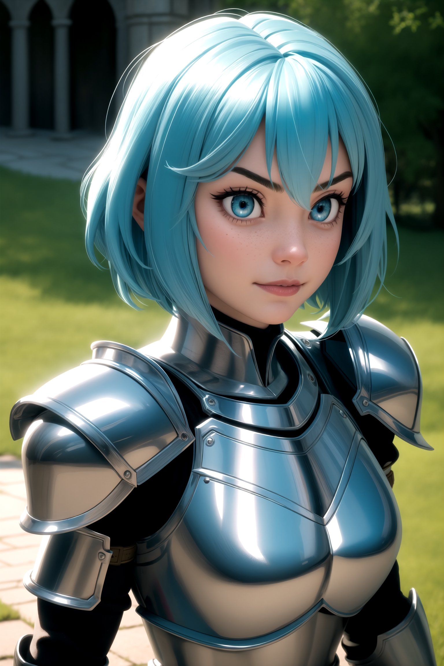 centered, upper body, award winning upper body portrait, (detailed face), (beautiful detailed eyes:1.2), | solo, knight woman, short hair, aqua hair color, light blue eyes, (black knight tight armor), symetrical and detailed armor, | fantasy town, medieval, european street, | bokeh, depht of field, | hyperealistic shadows, smooth detailed, blurred background,3d