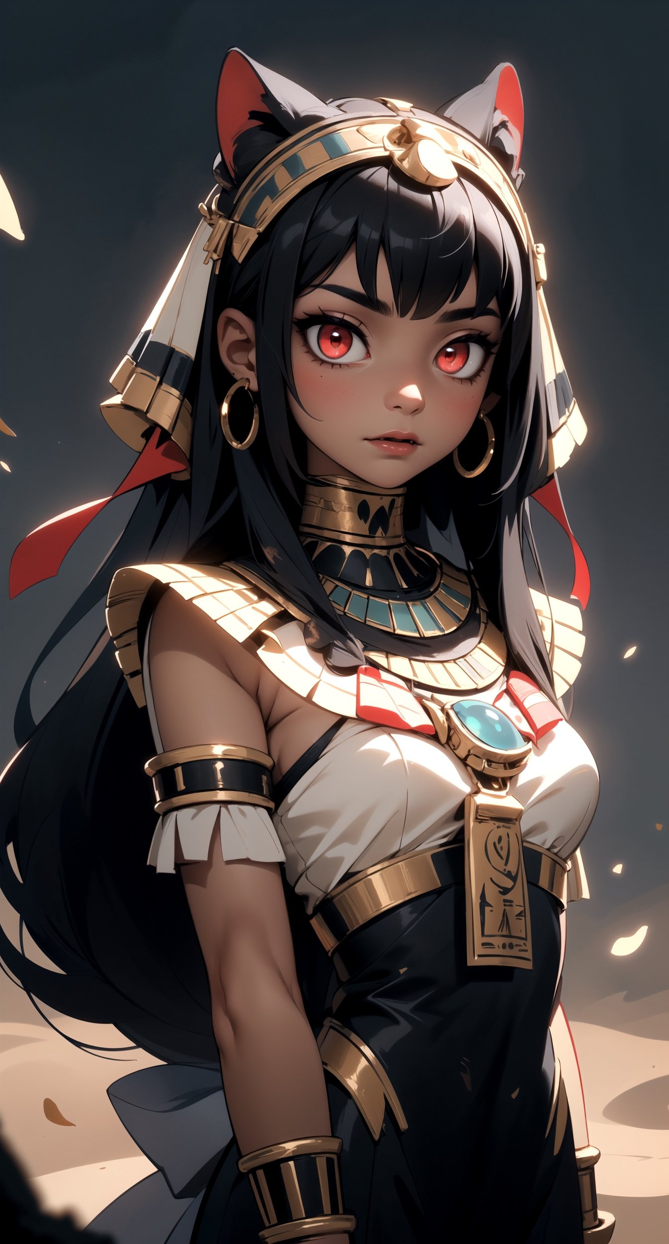 centered, upper body, standing, | masterpiece, | (red eyes), (bright eyes:1.1), glowing red eyes, | 1girl, female vampire, (solo), very long hairstyle, (black hair color:1.2), | egyptian, egyptian clothes ,egypt goddes ,egypt, seethru, egypt background, sandstorm, | bokeh, depth of field, 