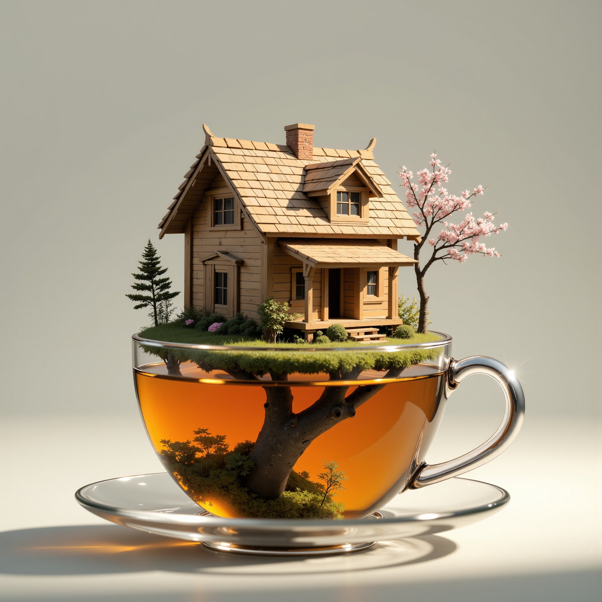 astroflux_v101, | a tiny wooden house in a detailed world, villa inside of an empty glass cup of tea,