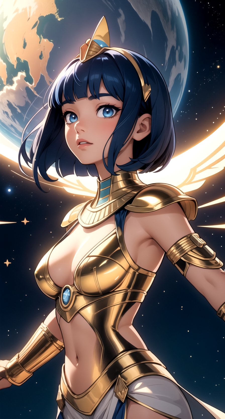 centered angle, upper body, | symetrical eyes, luminous eyes, detailed face, | 1girl, short hairstyle, (dark blue hair color:1.2), (bright eyes:1.1), | symetrical crown, egyptian, egyptian clothes, egypt godess, | egypt, piramid, ancient metropolis, aliens technology, aliens, ovnis, | stars, planets, sky, universe, | hyperealistic shadows, smooth detailed,