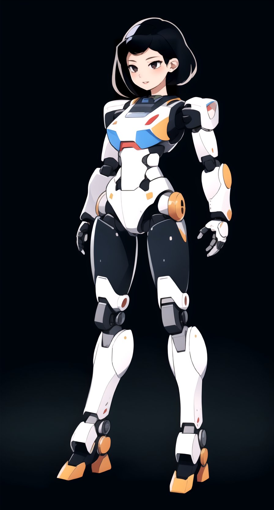 centered, upper body, masterpiece, | 1girl, solo, beautiful face, pale skin, (black hair), medium hair, full body, robotic legs, robotics arms, robotic body, robotic hands, futiristic, robotic, mechanical, armored, standing, (black robotic body), mecha, | bokeh, depth of field, vaporwave colors scheme, | ,so-hyun.lvl2