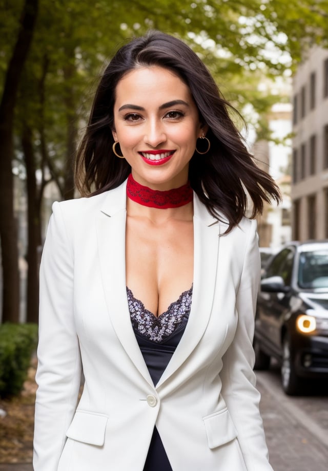 (face in frame:1.4), (editorial photography of Catherine Lopez as a 48 year old spanish woman), (smile, shy:1.3), (straight hair:1.3), {small|medium|large}_breasts:1.5, voluptuously and shapely fit, (wearing an executive woman attier, white blazer, floral blouse, white dress pants, chocker:1.3), (red lipstick, choker:1.2), (masterpiece, best quality;1.0), extremely detailed, ultra detailed, (background out of a street, skyscrapers, sidewalks, trees, bushes:1.2), (dark atmosphere sculpting the forms in sharp chiaroscuro:0.1), (detailed teeth:1.2), (detailed skin:1.2), (detailed face:1.2), (detailed hands:1.2), (detailed fingers:1.2), (toned physique:1.2), (dynamic pose:1.2), detailed background, sharp focus, dark lighting, twilight lighting, volumetric lighting, highly detailed, intricate details, 8k, highly detailed, UHD, HDR 