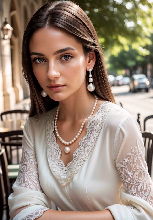 cinematic, [medium body shot(1.5)] [elegant and shapely 30 year old latin woman (1.5)], 

a young female with brown eyes, without makeup, highlights in hair, pearl earrings, pearl necklace, pearl bracelets,  sitting outside cafe, wearing a white old lace outfit, side light, photo taken with portra 400, Hasselblad,

(medium body shot:1.3), detailed face, detailed eyes, detailed hands, detailed fingers, detailed anatomy, LowRA,

masterpiece, HDR, 8k, detailed face, detailed eyes, detailed hands, detailed fingers, detailed limbs:1.5,

8k, HDR, RAW photo, best quality, masterpiece, Detailed face, photo of perfecteyes eyes